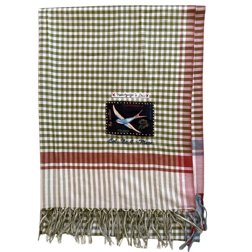 en Soie Zurich Satu Scarf 160 100% Silk Vichy Check Gingham Embroidered Sparrow